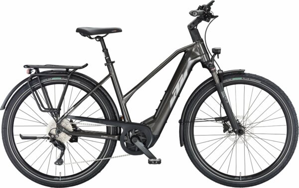 KTM MACINA STYLE 740 (750 Wh), 10 Gang Kettenschaltung, Damenfahrrad, Trapez, Modell 2024, 28 Zoll 46 cm machine grey (silver+blue)