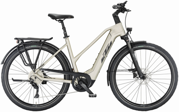 KTM MACINA STYLE 740 (750 Wh), 10 Gang Kettenschaltung, Damenfahrrad, Trapez, Modell 2024, 28 Zoll 56 cm champagne matt (black+orange)
