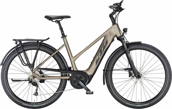 KTM MACINA TOUR P510 (500 Wh), 9 Gang Kettenschaltung, Damenfahrrad, Trapez, Modell 2024, 28 Zoll 56 cm oak matt (black+orange)