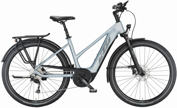 KTM MACINA TOUR P510 (500 Wh), 9 Gang Kettenschaltung, Damenfahrrad, Trapez, Modell 2024, 28 Zoll 46 cm azzurro silver matt (grey+blue)