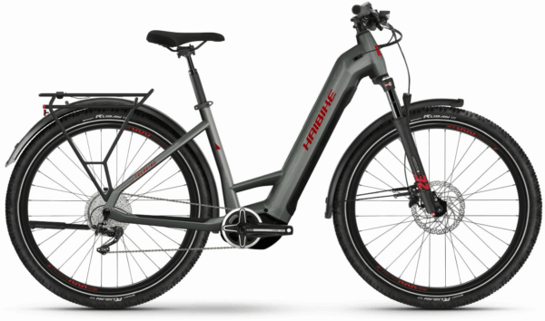 HAIBIKE Trekking 5 (720 Wh), 11 Gang Kettenschaltung, Damenfahrrad, Deep, Modell 2023, 27,5 Zoll 50 cm olive/red