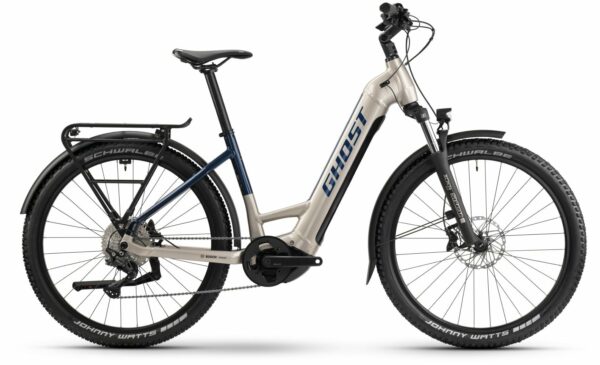 GHOST E-Teru Universal EQ Low (625 Wh), 10 Gang Kettenschaltung, Damenfahrrad, Wave, Modell 2024, 27,5 Zoll 45 cm pearl warm grey/pearl dark blue - glossy
