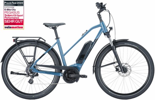 Pegasus Solero E8 Sport Performance (545 Wh), 8 Gang Kettenschaltung, Damenfahrrad, Trapez, Modell 2024, 28 Zoll 50 cm pro blue
