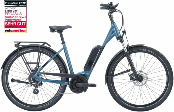 Pegasus Solero E8 Sport Performance (545 Wh), 8 Gang Kettenschaltung, Damenfahrrad, Wave, Modell 2024, 28 Zoll 55 cm pro blue