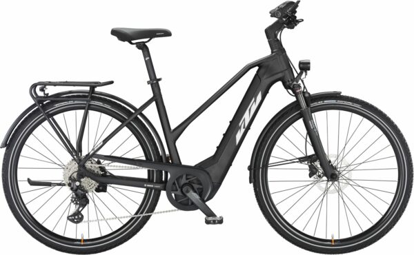KTM POWER SPORT 10 (625 Wh), 10 Gang Kettenschaltung, Damenfahrrad, Trapez, Modell 2024, 28 Zoll 51 cm black matt (white+orange)
