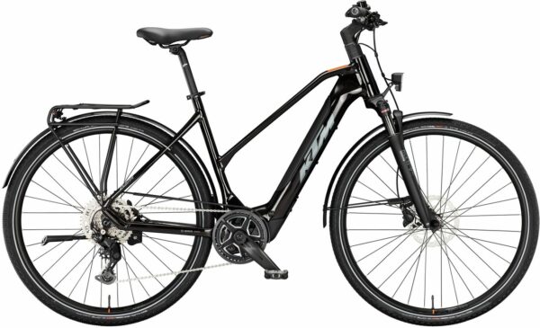 KTM MACINA SPORT SX 20 (400 Wh), 9 Gang Kettenschaltung, Damenfahrrad, Trapez, Modell 2024, 28 Zoll 56 cm flaming black (grey+orange)